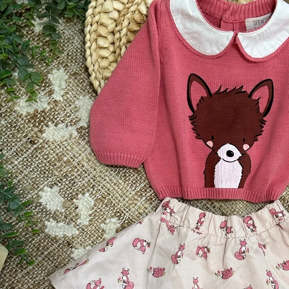New Jaclyn Smith Baby Girl Pink Fox Sweater & Skirt Set Size 0-3 Months
